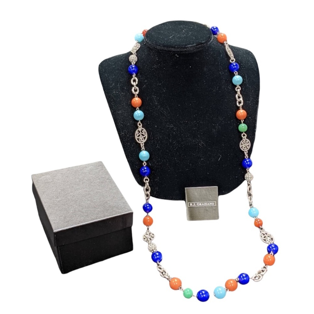 Graziano 38" Designer Sterling Silver Blue Orange Beaded Necklace w Original Box